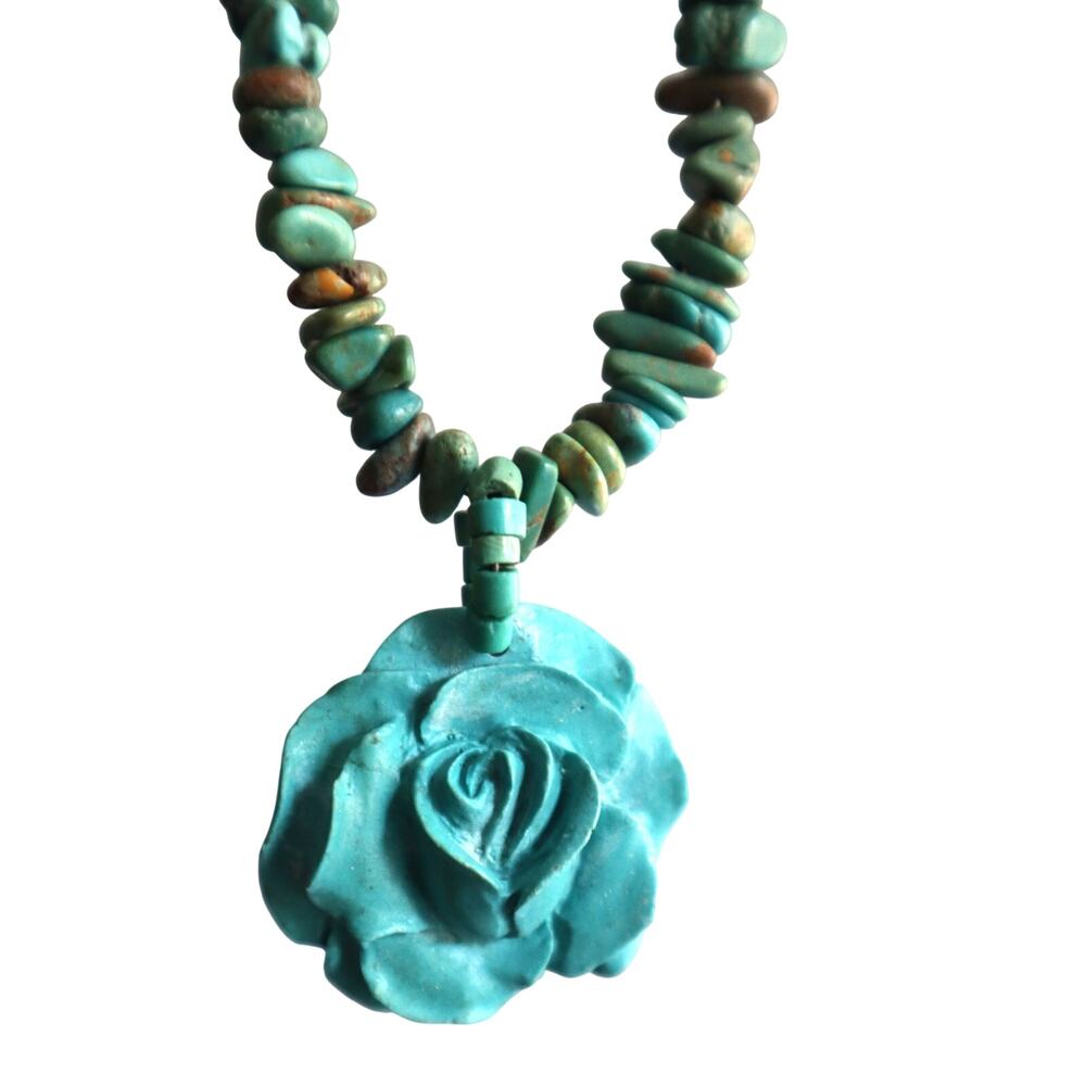 Vintage Rose Carved Turquoise Stone Pendant Choker Boho